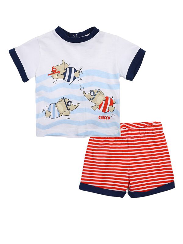 Boys White & Red Printed T-Shirt with Short Pants image number 0